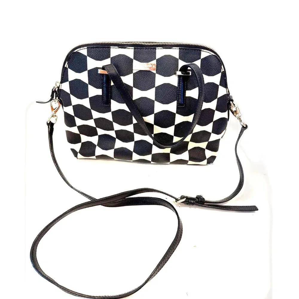Kate Spade Bow Tile Maisie Satchel Handbag Top Zip Black Beige